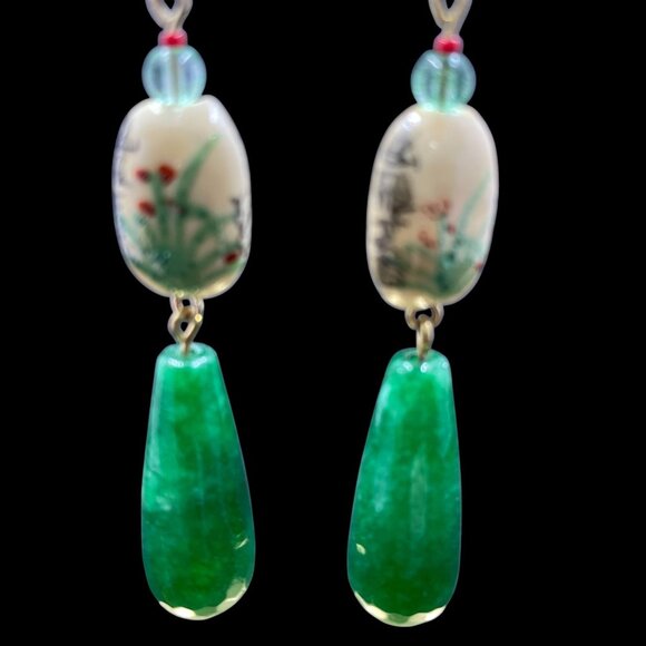 Porcelain Green Glass Drop Earrings Artsy Boho Statement Festival Eclectic Gift - Picture 4 of 6